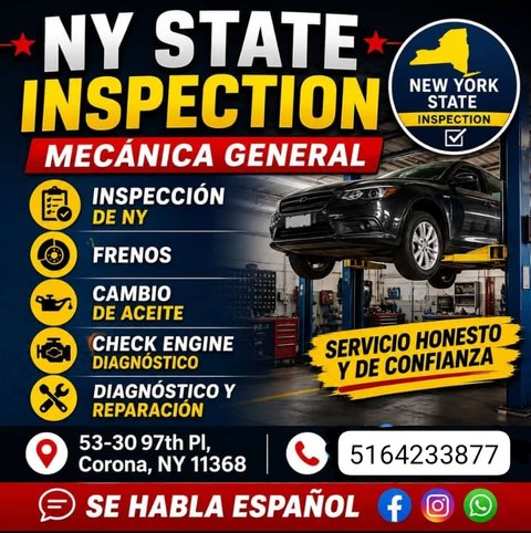 GR Auto Center's inspection flyer. Large type reads NY State Inspection and Mecánica General, beside a New York State Inspection roundel, over a photograph of a car raised on a lift in the shop. Listed down the side: inspección de NY, frenos, cambio de aceite, check engine diagnóstico, and diagnóstico y reparación, with the words Servicio honesto y de confianza. At the foot: 53-30 97th Pl, Corona, NY 11368, the phone number 516-423-3877, and Se habla español.