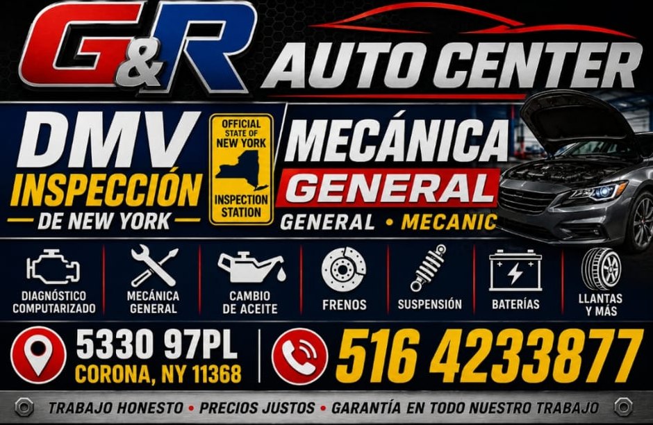 GR Auto Center's sign: New York State DMV inspection and general mechanic, 53-30 97 Pl, Corona — 516-423-3877.